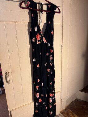 Billabong Black, White, Orange, Floral Print Halter Maxi Dress Sz L
